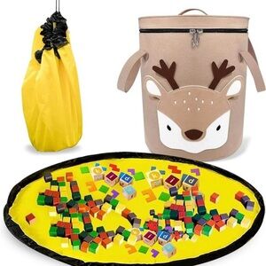 Kids Toy Storage Bag and Organizer Set - Yellow and Brown